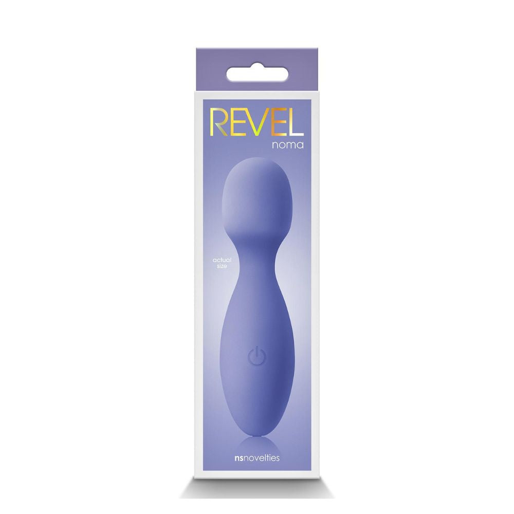 The packaging that the purple Revel Noma Mini Wand comes in