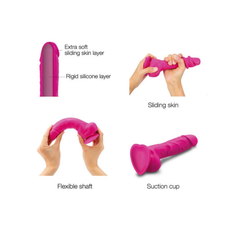 Four pictures of the Strap-On-Me Sliding Skin Realistic showing its features, being the rigid inner silicone layer, the outer sliding skin, flexible shaft and suction cup