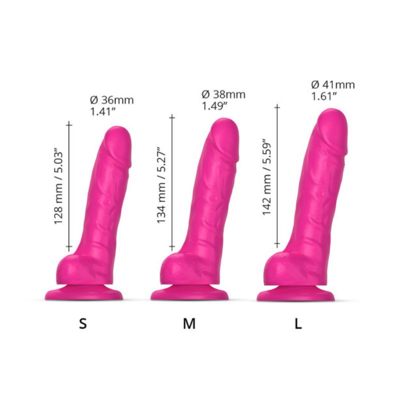 Diagram of all three sizes Strap-On-Me Sliding Skin Realistic showing its dimensions