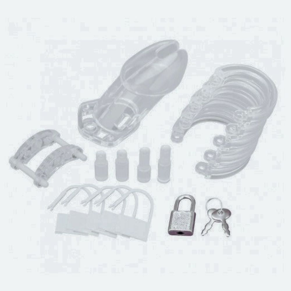 Acrylic See Thru Chastity Cage shown unassembled and what comes in the box