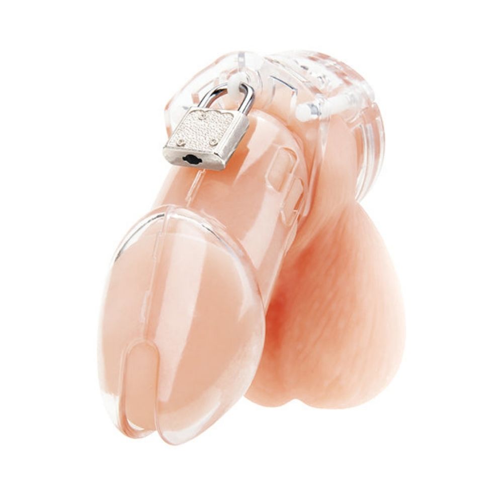 Acrylic See Thru Chastity Cage view from the front when placed on the penis