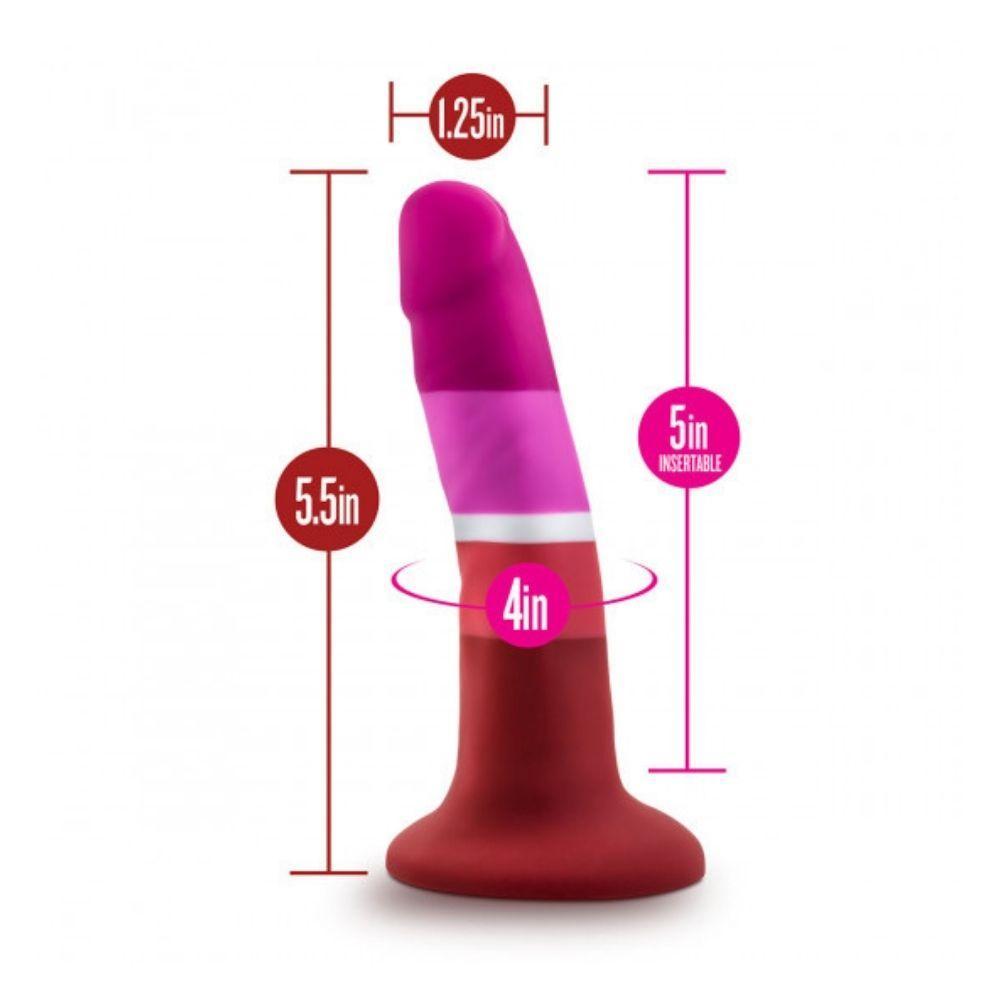 Avant Pride P3 Lesbian standing on its suction cup base with labeled dimensions