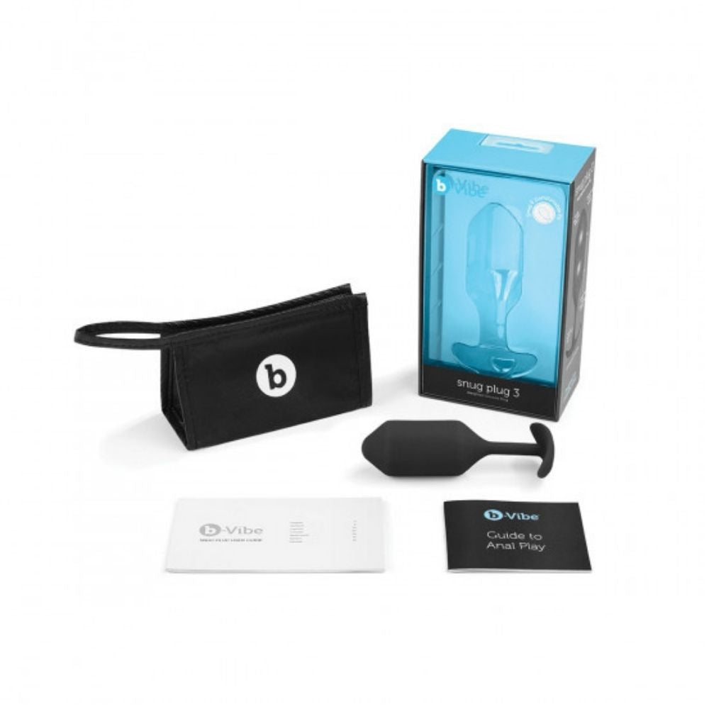 The B-Vibe Snug Plug 3 (L) box along with its contents, including the plug, travel bag and user guide