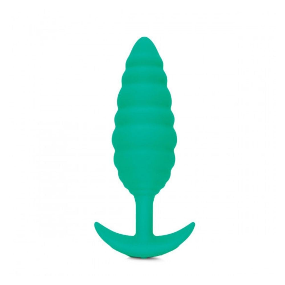 B-Vibe Texture Plug Twist Green (Large) standing upright on its base