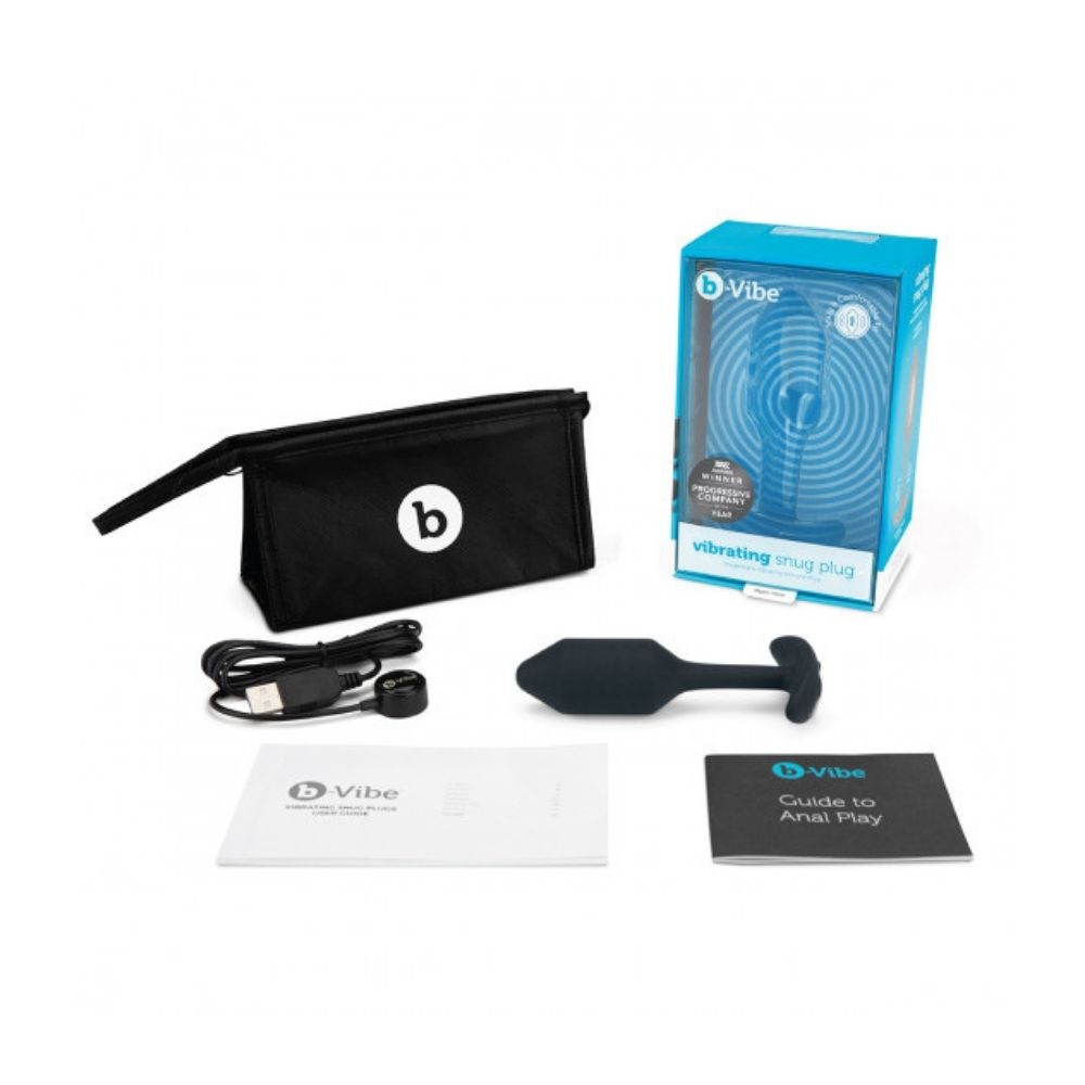 B-Vibe Vibrating Snug Plug 2 (M) box and its contents being the plug, charger, travel bag and user guide