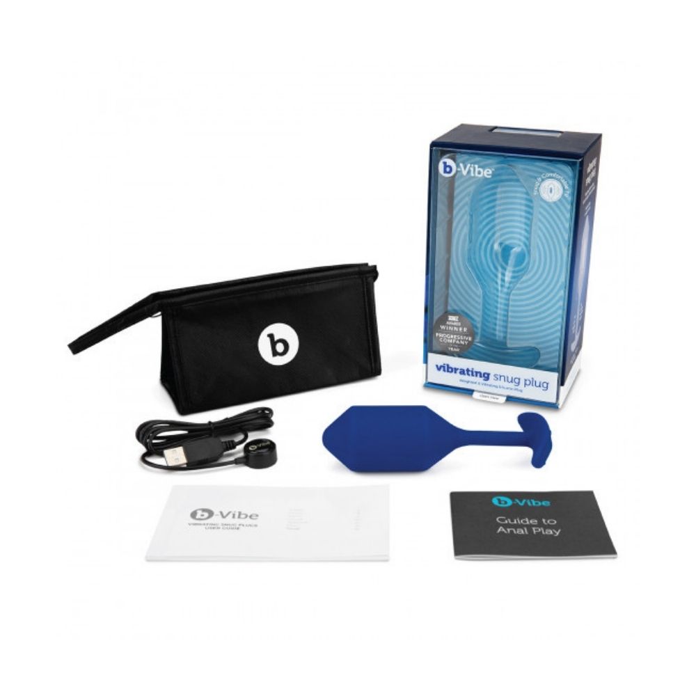 Navy B-Vibe Vibrating Snug Plug 4 (XL) box and its contents being the plug, charger, travel bag and user guide