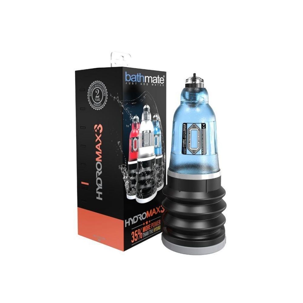 Bathmate Hydromax 3 Blue beside the box it comes in
