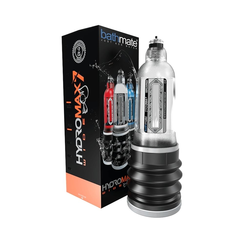Bathmate Hydromax 7 Wide Clear beside the box it comes in
