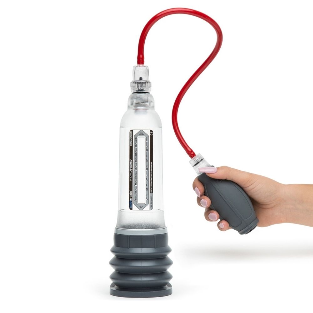 Bathmate HYDROXTREME 7 Clear standing upright on its base with the hand pump being held in a hand