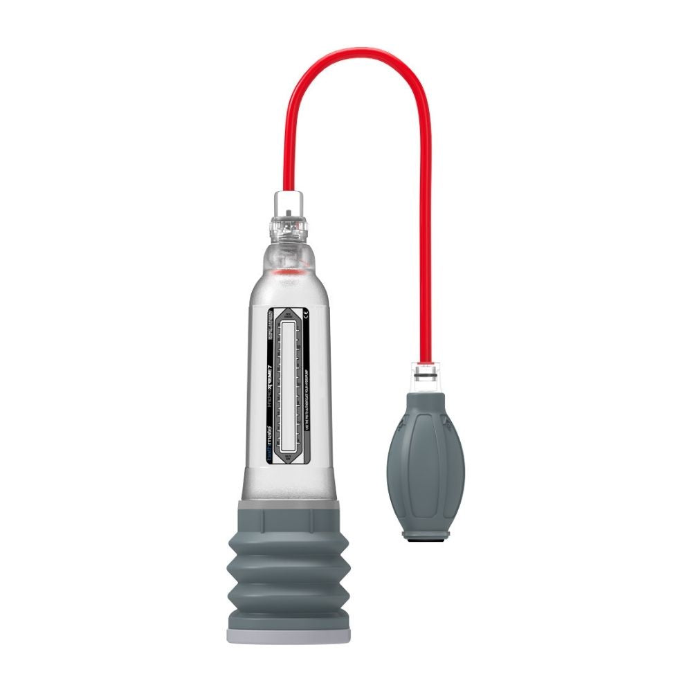 Bathmate HYDROXTREME 7 Clear standing upright on its base with the hand pump hanging to the side