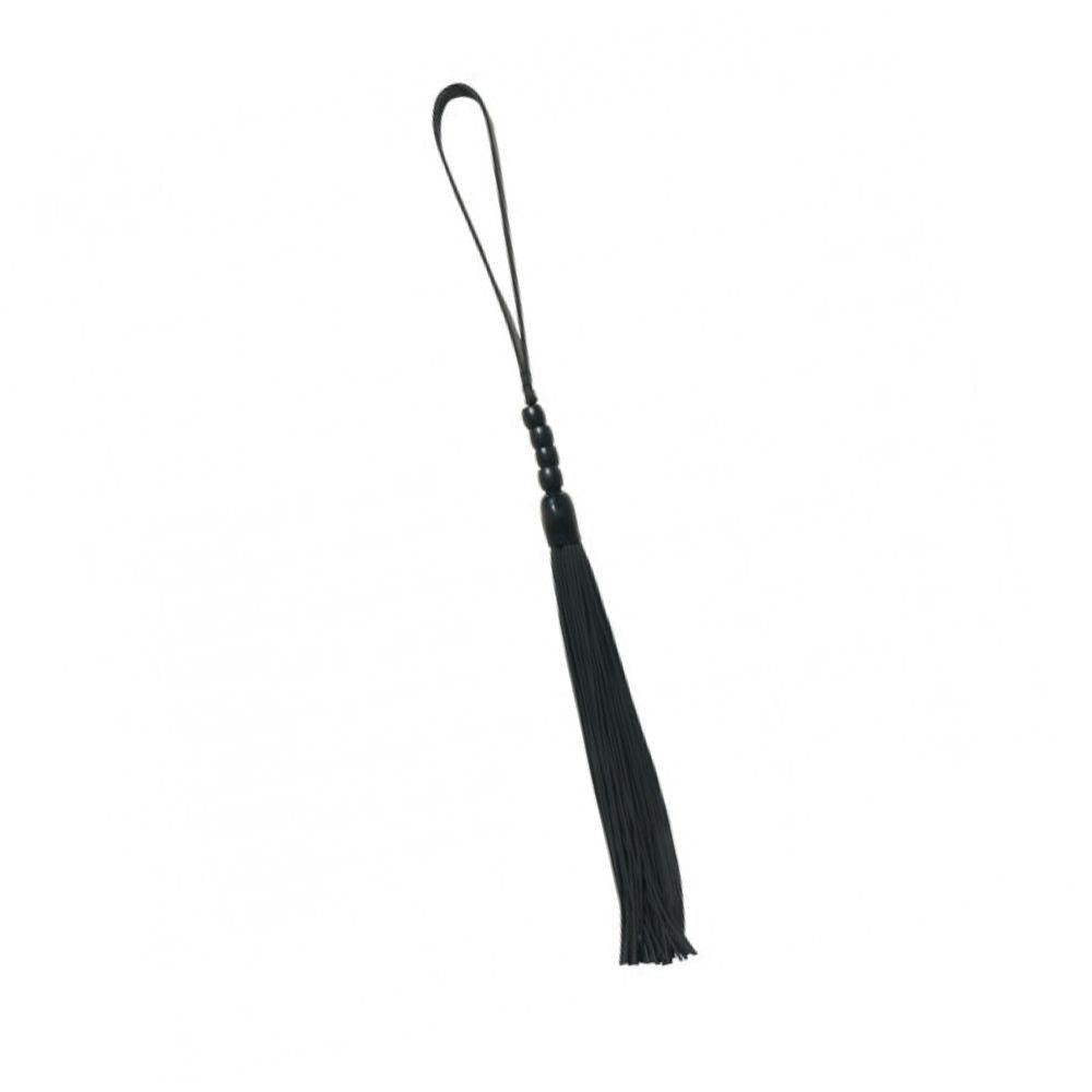 Beaded Noir Flogger full length showing the hand loop, the tails and the beads that connect the two