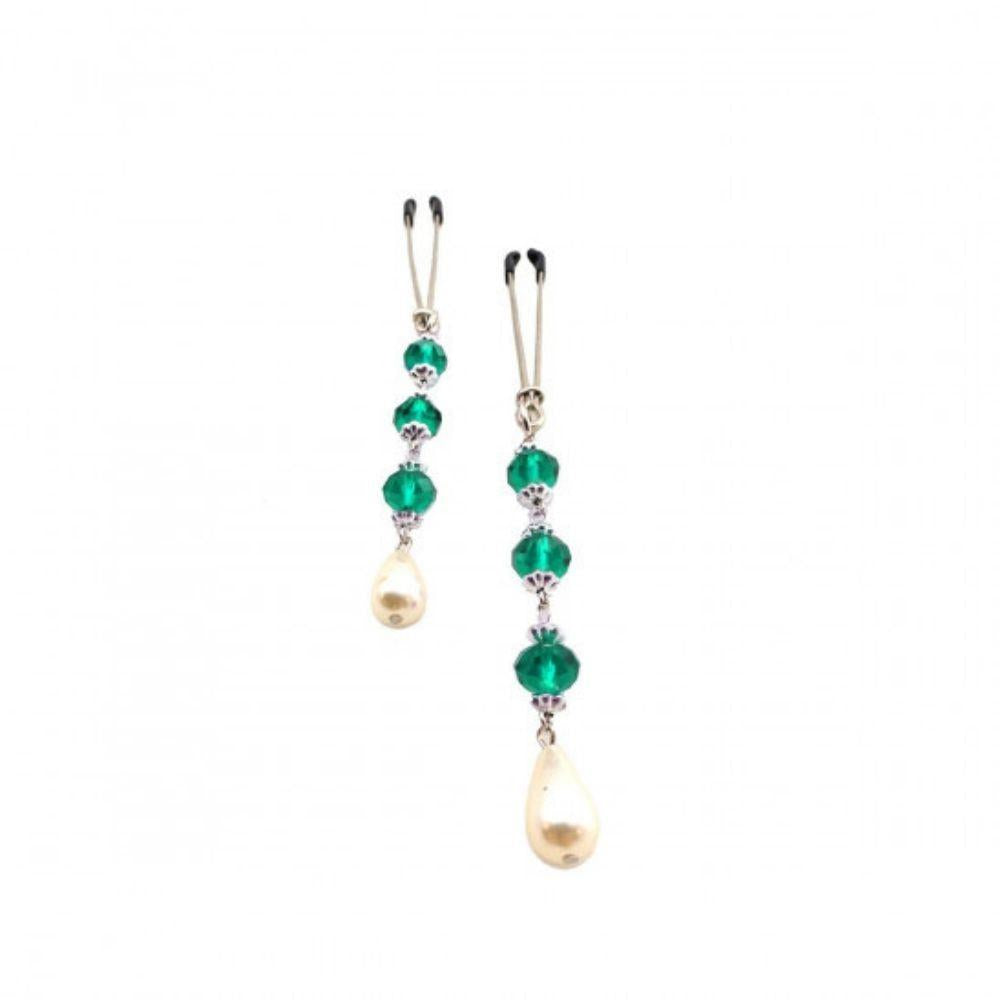 Bijoux de Nip Pearl Turquoise Beads showing the clamps at the top and the dangling beads and pearls at the bottom
