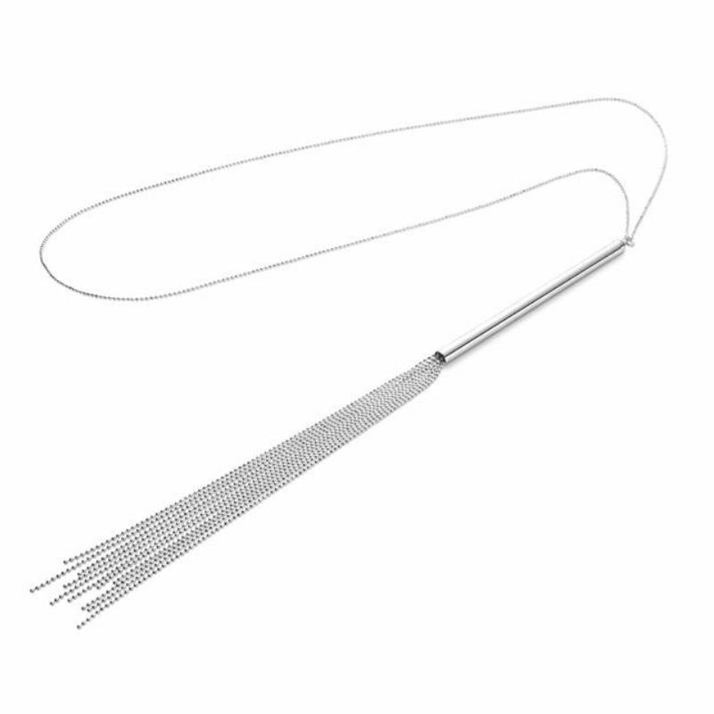 Silver Bijoux Indiscrets Magnifique Chain Necklace Whip showing the neck loop, handle and tassels
