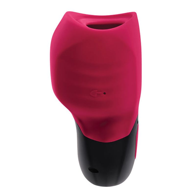 The Gender X Body Kisses Suction Toy viewed from the side as it is standing upright with the suction tip at the top.