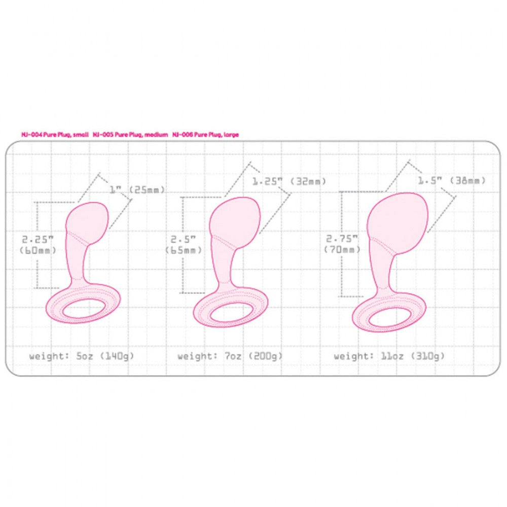 diagram of small medium and large njoy Pure Plugs showing dimensions