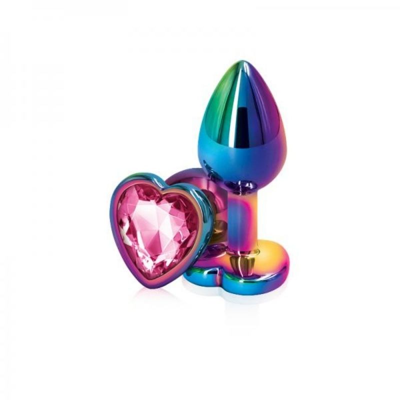2 Rear Assets Mulitcolor Heart Small Pink plugs, one positioned on side showing the pink heart base, the other standing upright on base 