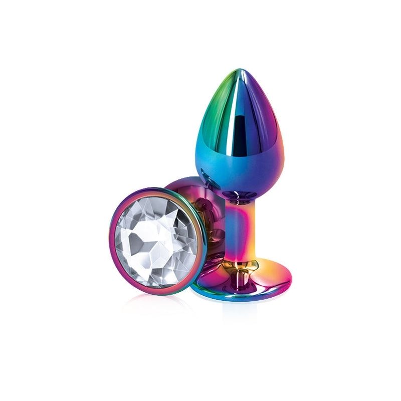 2 Rear Assets Mulitcolor Medium Clear plugs, one positioned on side showing the clear base, the other standing upright on base