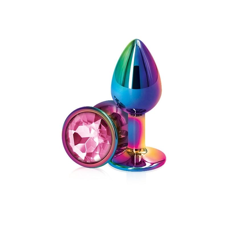 2 Rear Assets Mulitcolor Small Pink plugs, one positioned on side showing the pink base, the other standing upright on base